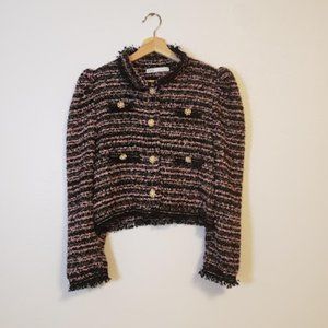 Zara Large Pink Black Tweed Pearl Button Military Style Puff Sleeve Blazer